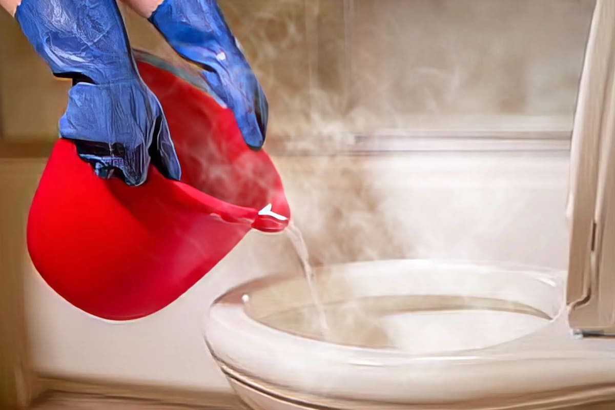 Pessoa despejando água quente no vaso sanitário para desentupir
