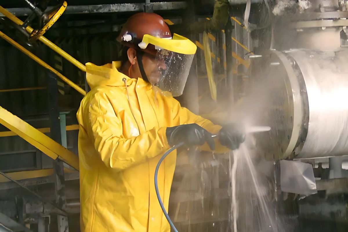 Jato de água de alta pressão limpando tubulação industrial