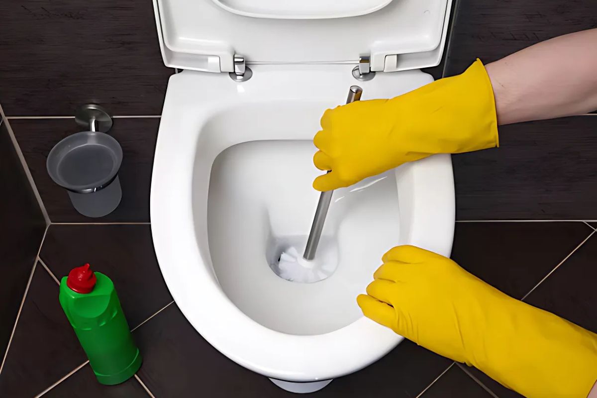 Pessoa limpando o vaso sanitário com luvas como medida de prevenção