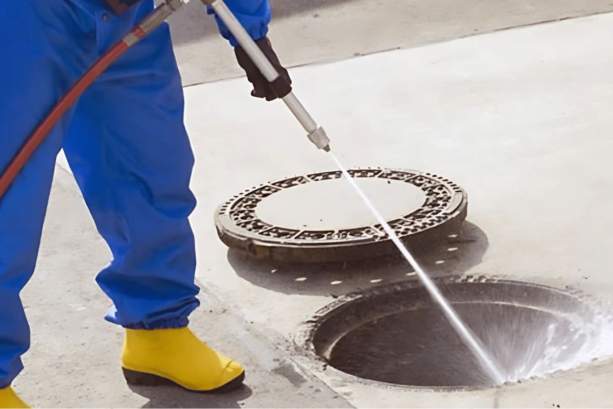 Profissional realizando hidrojateamento com cuidado ambiental