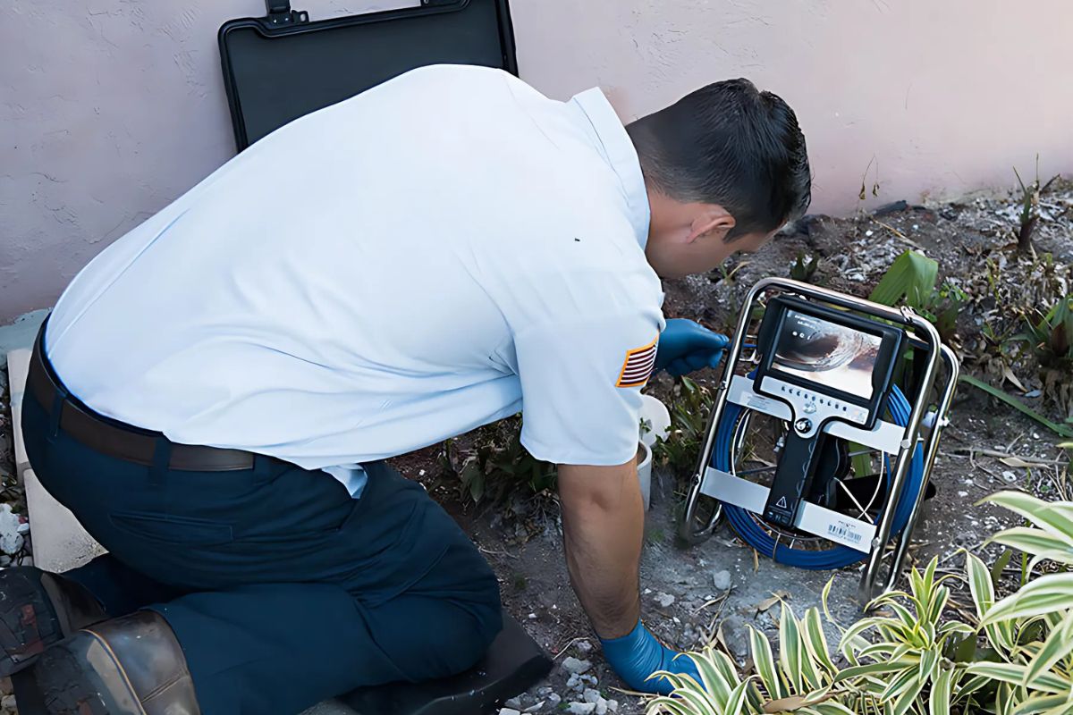 Técnico fazendo vídeo inspeção em cano antes de obra residencial
