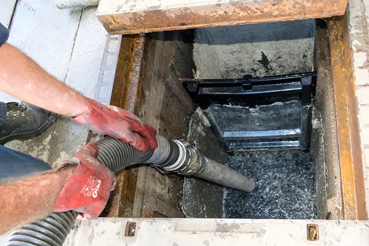 Profissional fazendo a limpeza de caixa de gordura em residência