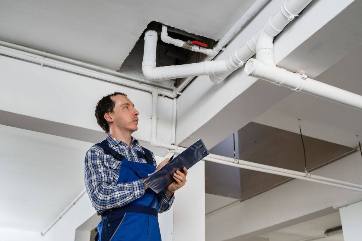 Técnico fazendo manutenção preventiva em encanamento vertical