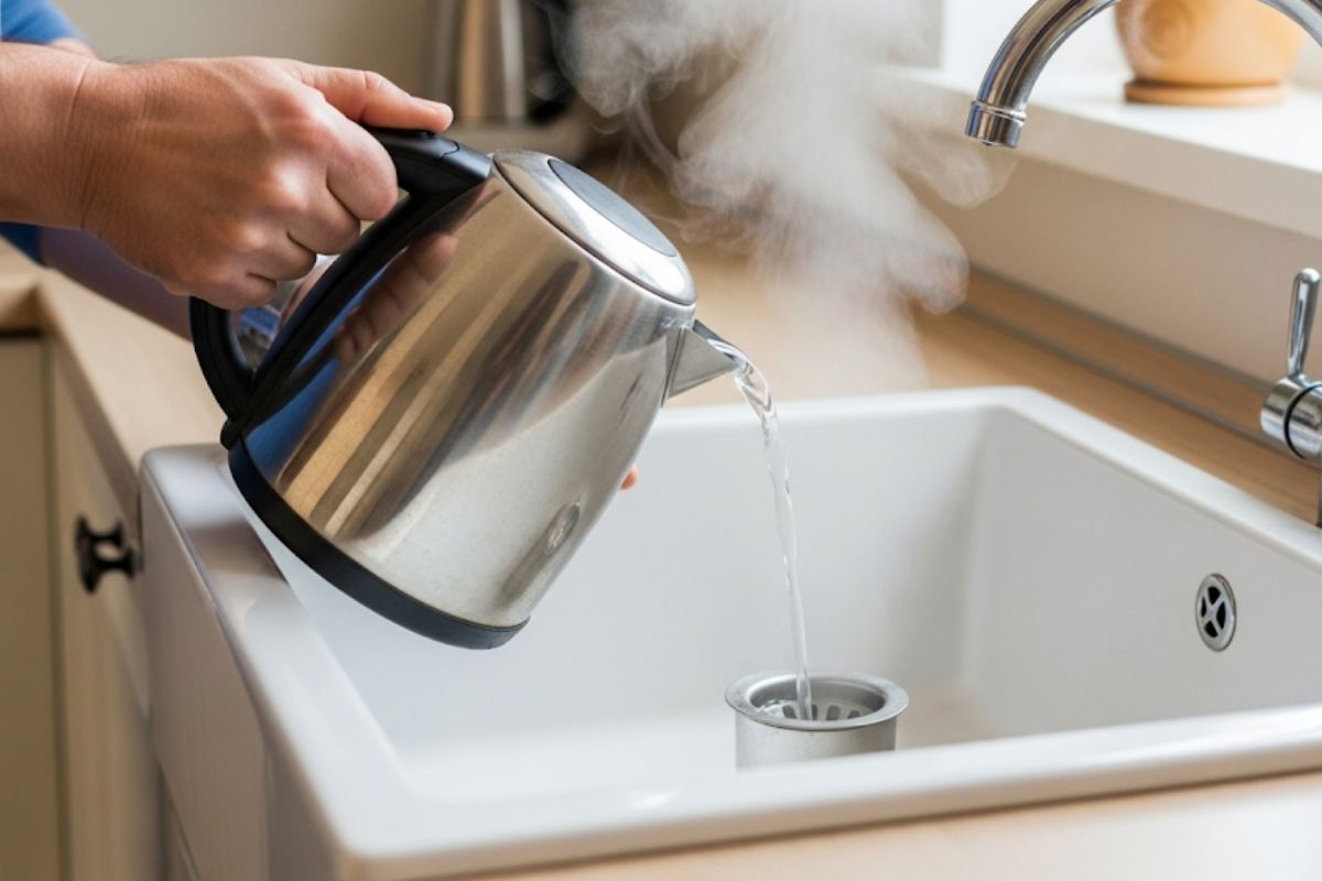 Pessoa despejando água quente de uma chaleira em um ralo de pia de cozinha, com vapor visível, indicando um método caseiro para desentupir sem quebrar