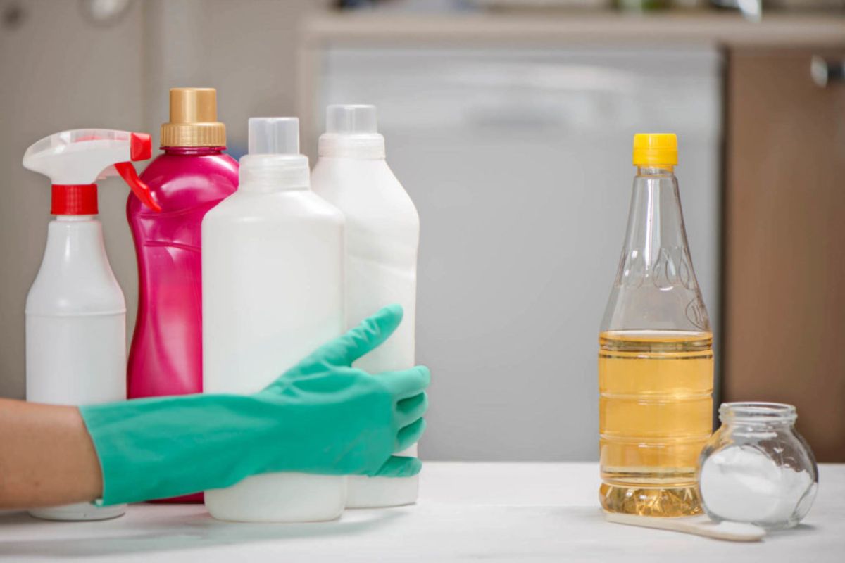 Itens usados em métodos caseiros como bicarbonato, vinagre e desentupidor