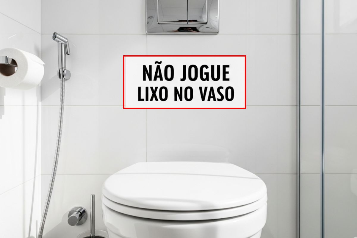 Vaso sanitário branco e limpo em um banheiro moderno, com um aviso claro na parede "NÃO JOGUE LIXO NO VASO" em português, promovendo o descarte correto.