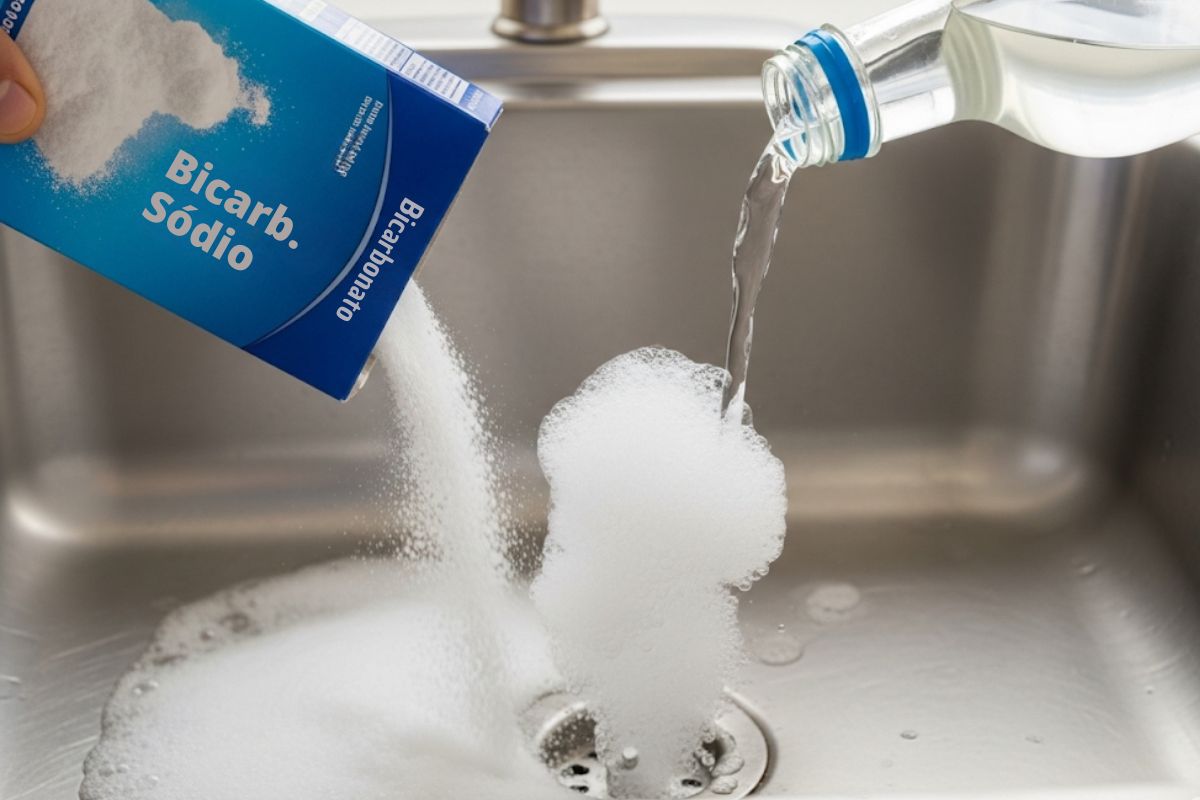 Bicarbonato de sódio em pó e vinagre branco sendo despejados em um ralo de pia de aço inox, criando uma reação efervescente para desentupir o cano.