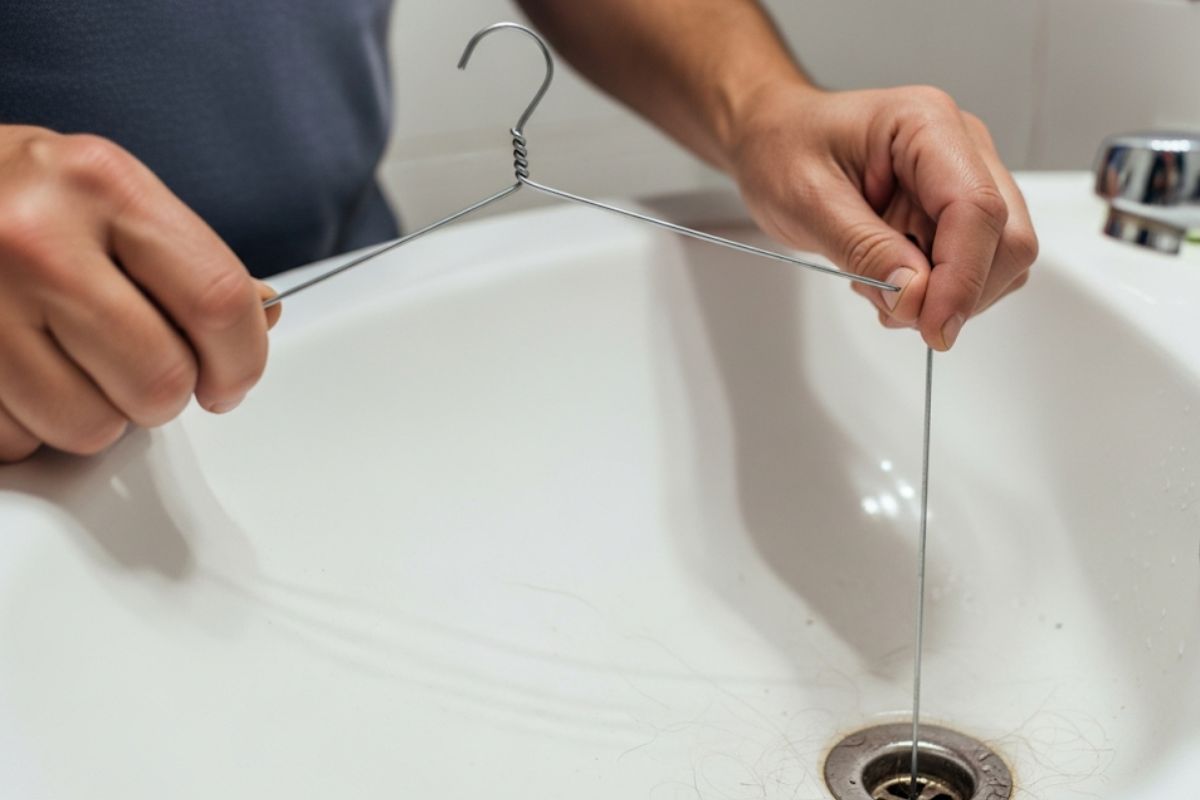 Pessoa utilizando um cabide de arame desdobrado e com um gancho na ponta para remover cabelos e sujeira de um ralo de pia de banheiro entupido.