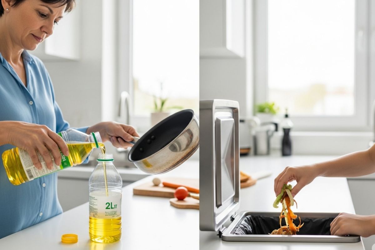 Pessoa descartando óleo de cozinha usado em uma garrafa PET e outra mão colocando restos de comida em uma lixeira, ilustrando o descarte correto para evitar entupimentos.