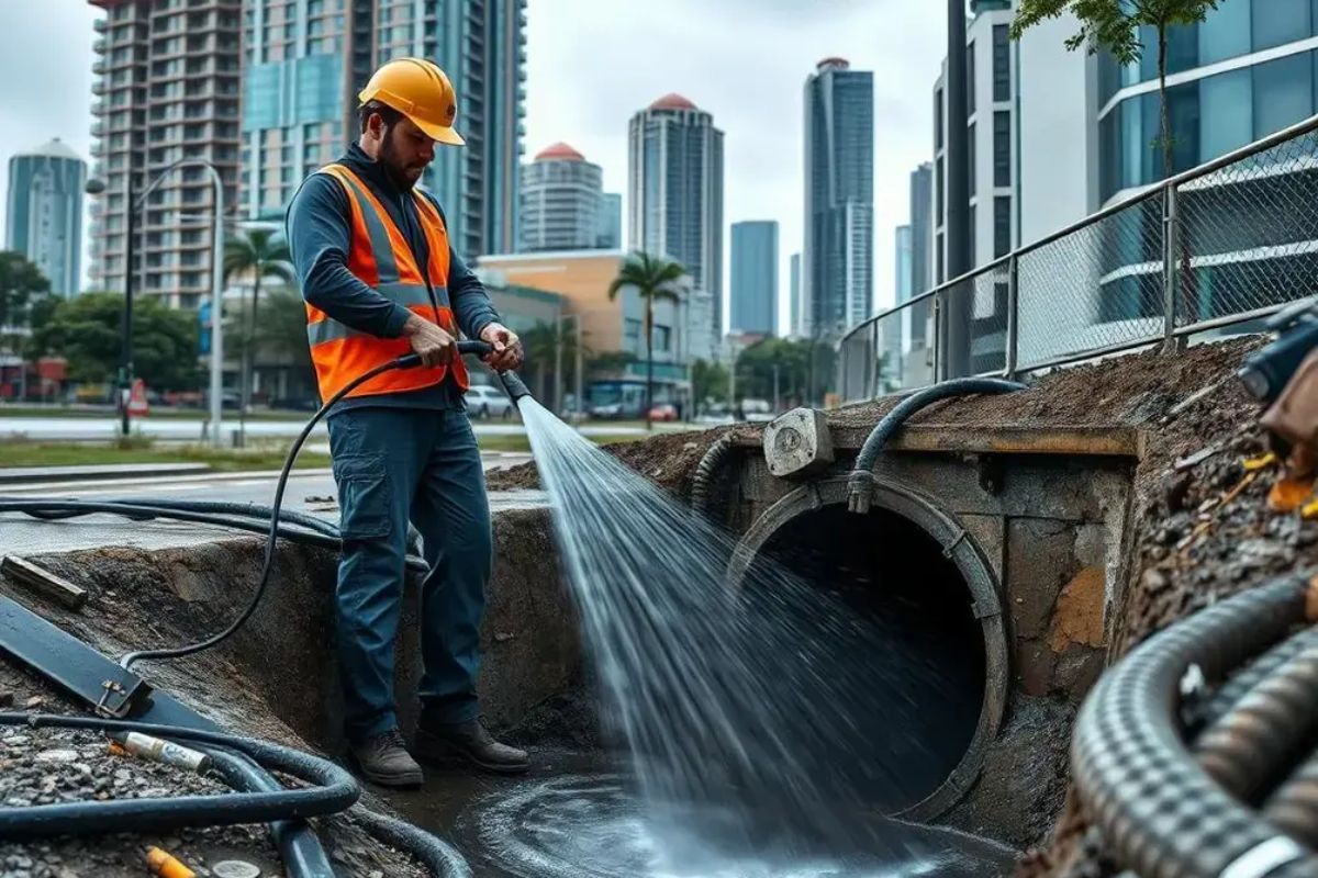 Técnico realizando hidrojateamento em rede pluvial para prevenção de entupimentos