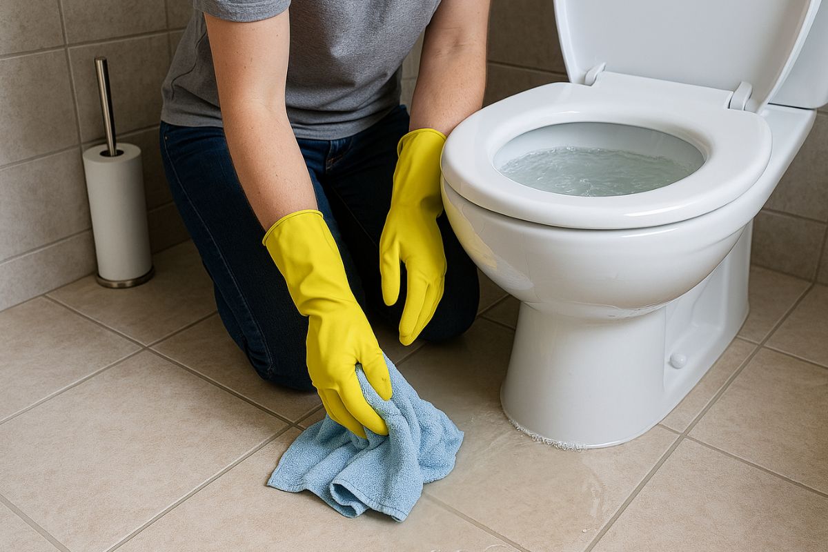 Pessoa utilizando luvas e pano para conter água do vaso sanitário transbordado