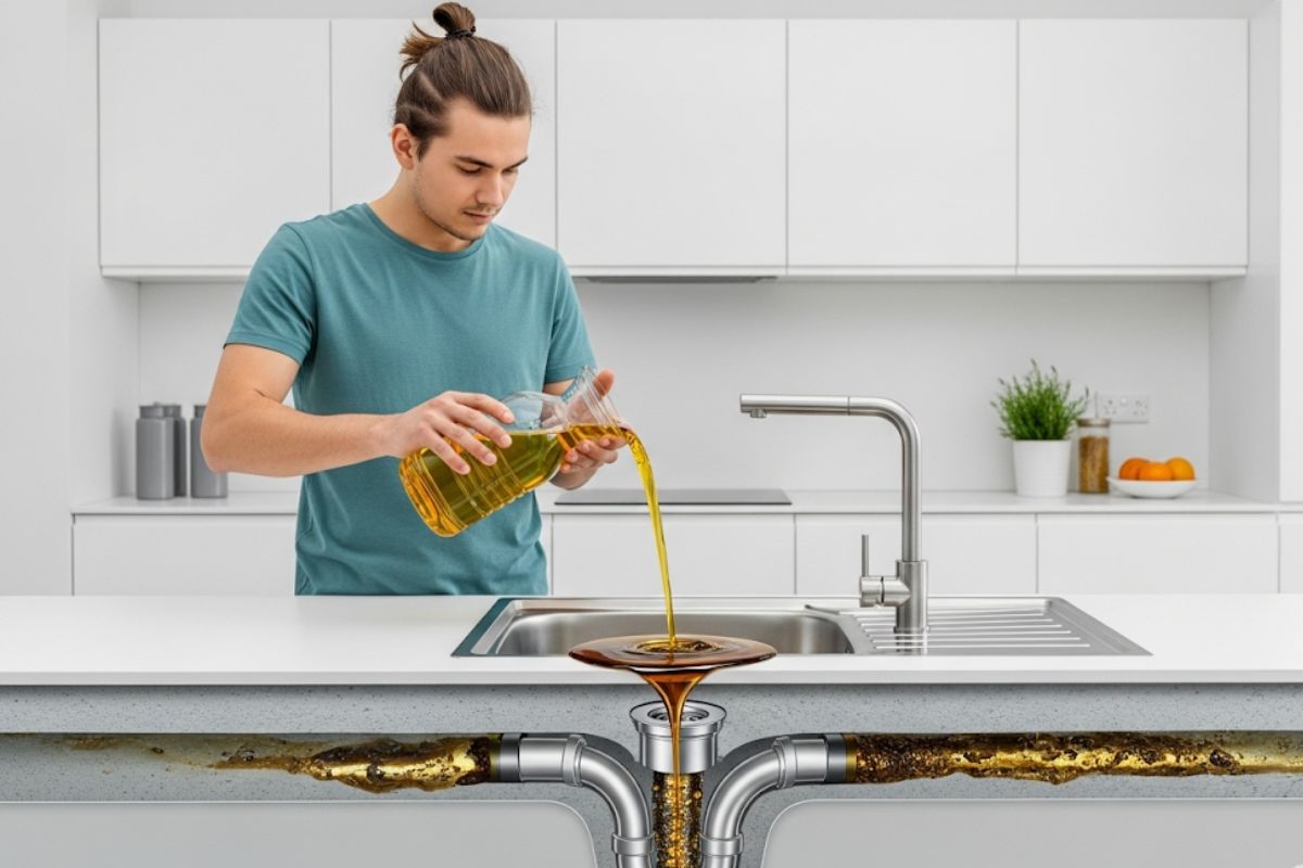 Óleo de cozinha sendo despejado na pia