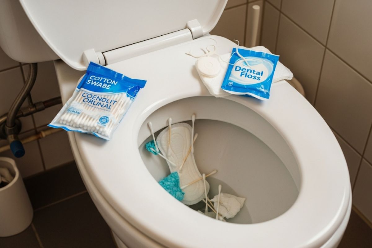Produtos de higiene sendo jogados no vaso sanitário