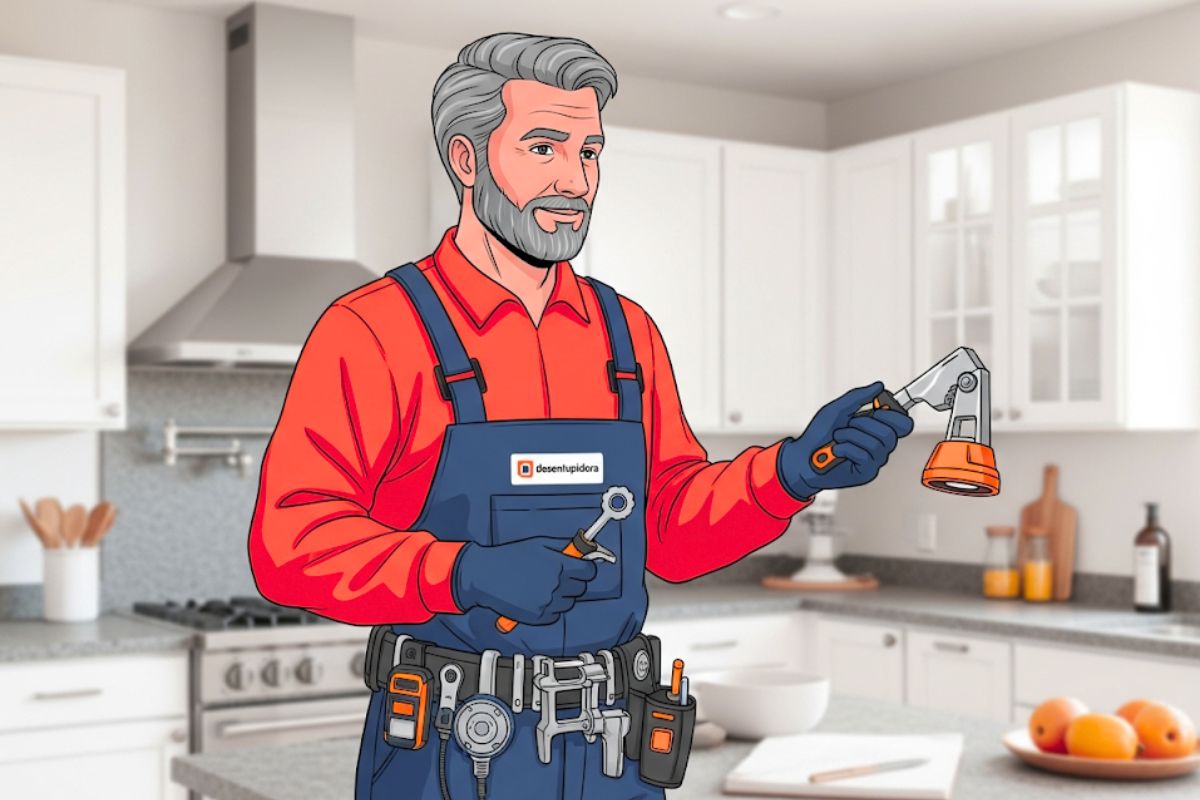 Ilustração de um profissional de desentupidora em uniforme, segurando ferramentas como chave de grifo e sonda, transmitindo confiança e expertise na resolução de problemas de encanamento.