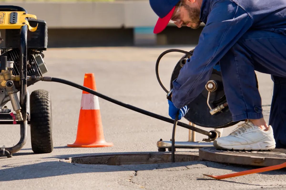 Técnico usando equipamento de hidrojateamento para desentupir tubulação