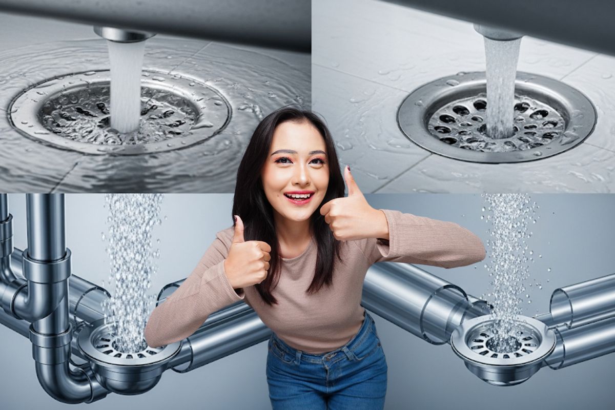 Imagens de ralos de pia de cozinha e banheiro com água limpa fluindo livremente, e canos transparentes mostrando ausência de obstruções, simbolizando um encanamento desentupido e eficiente.