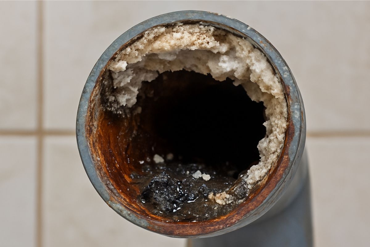 Imagem ampliada de tubulação danificada pelo uso excessivo de soda cáustica