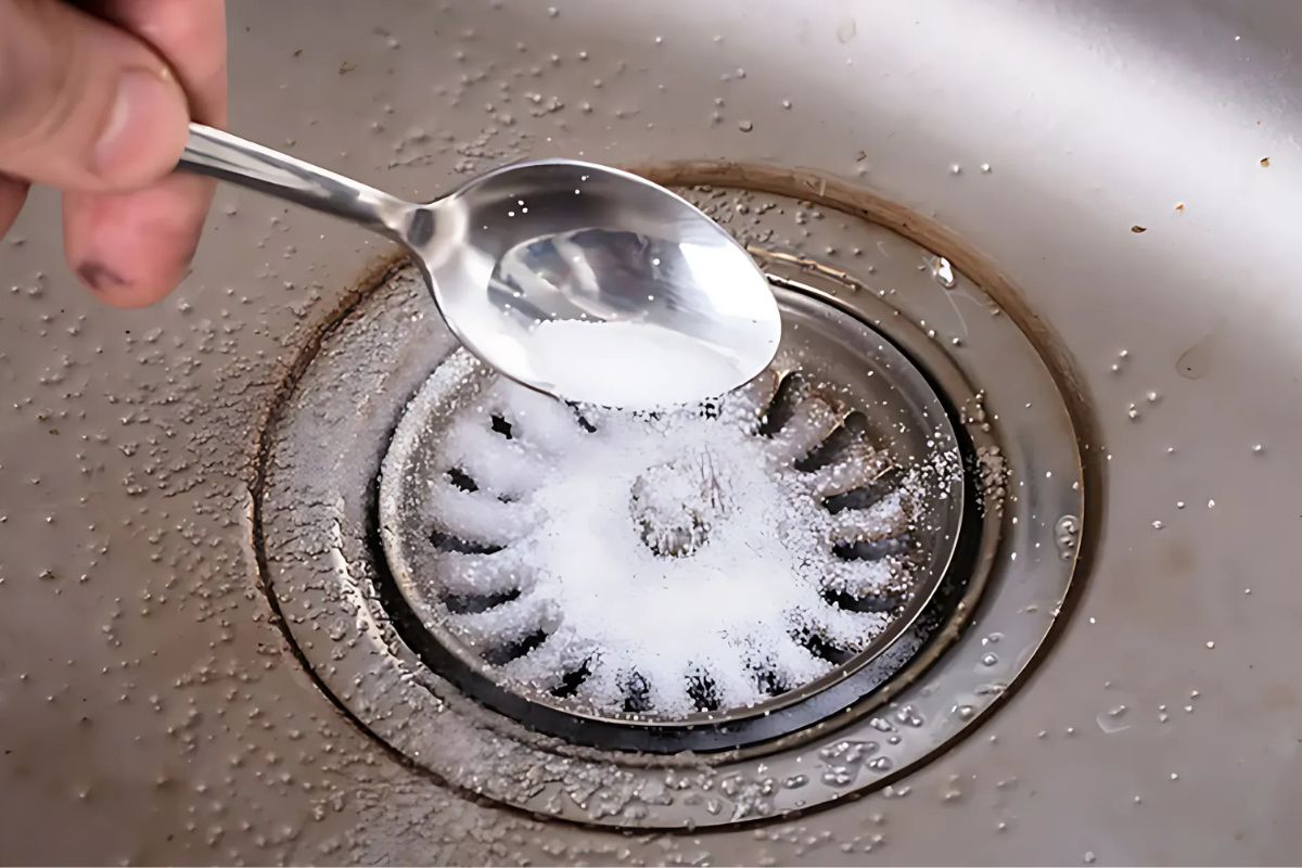 Pessoa utilizando soda cáustica na pia da cozinha