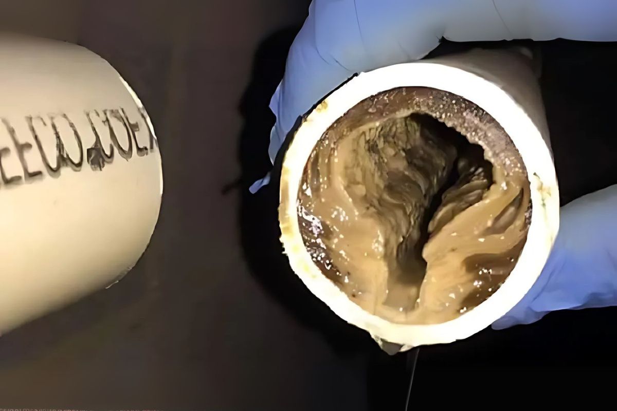 Corte técnico de um cano mostrando acúmulo de gordura solidificada no interior