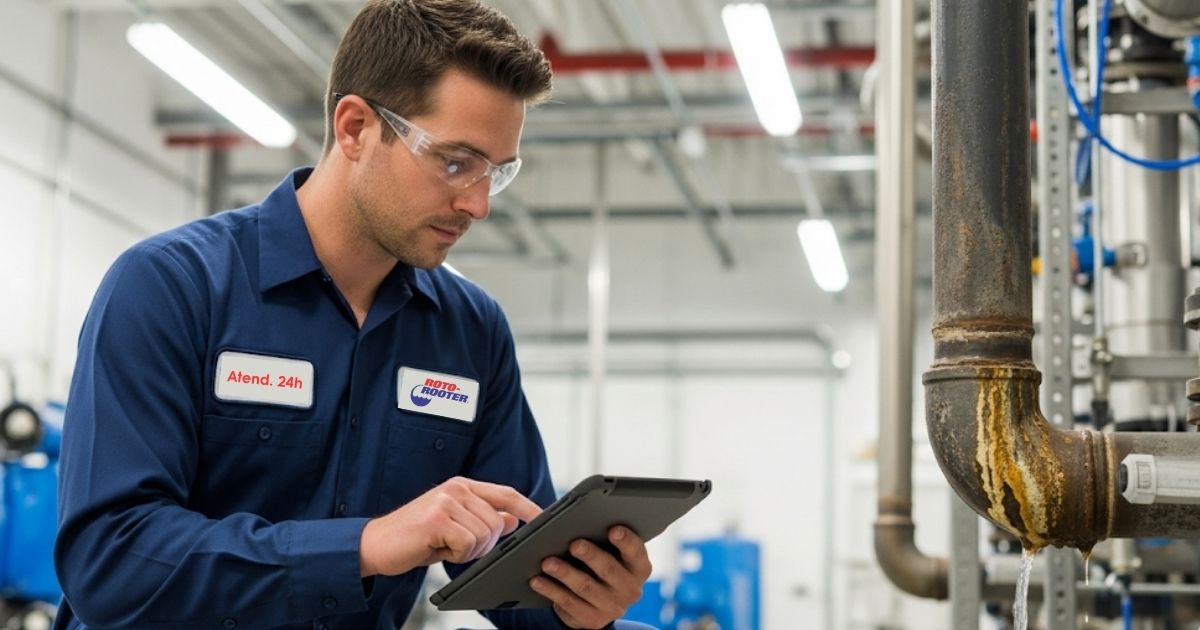 Técnico inspecionando encanamento em empresa com equipamentos modernos