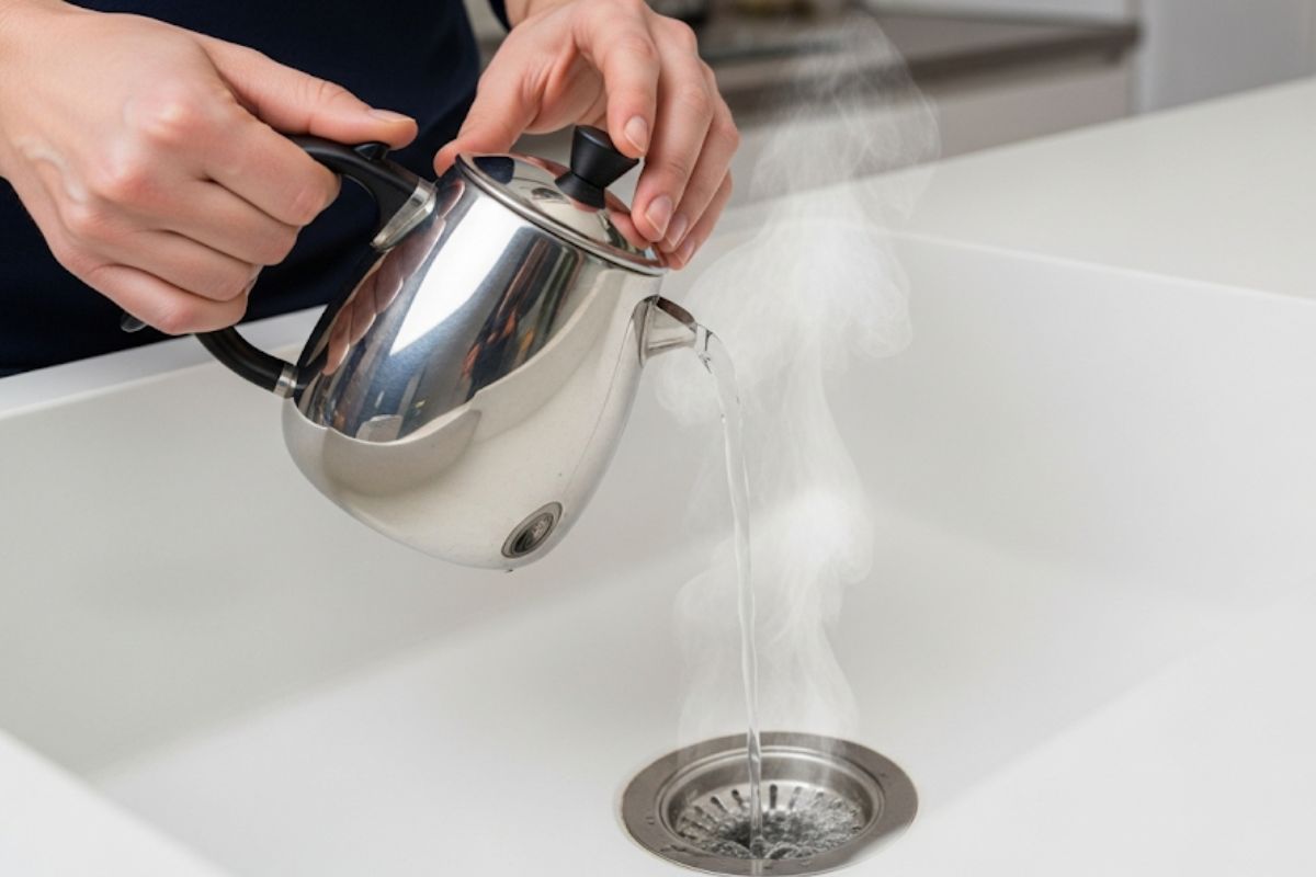 Água quente sendo despejada na pia da cozinha