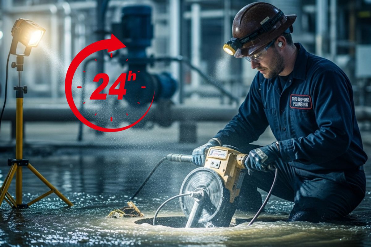 Técnico usando equipamento de desentupimento em sistema industrial