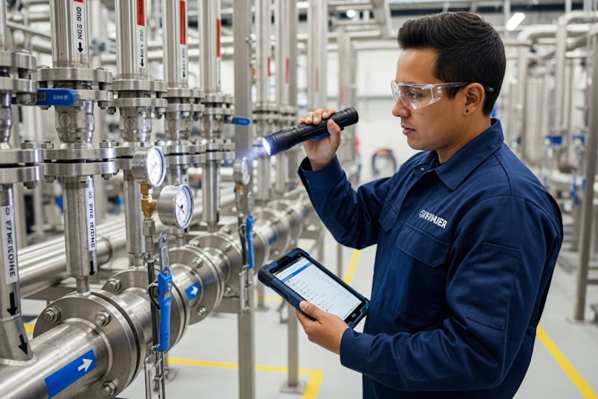 Técnico revisando encanamentos durante manutenção preventiva em empresa