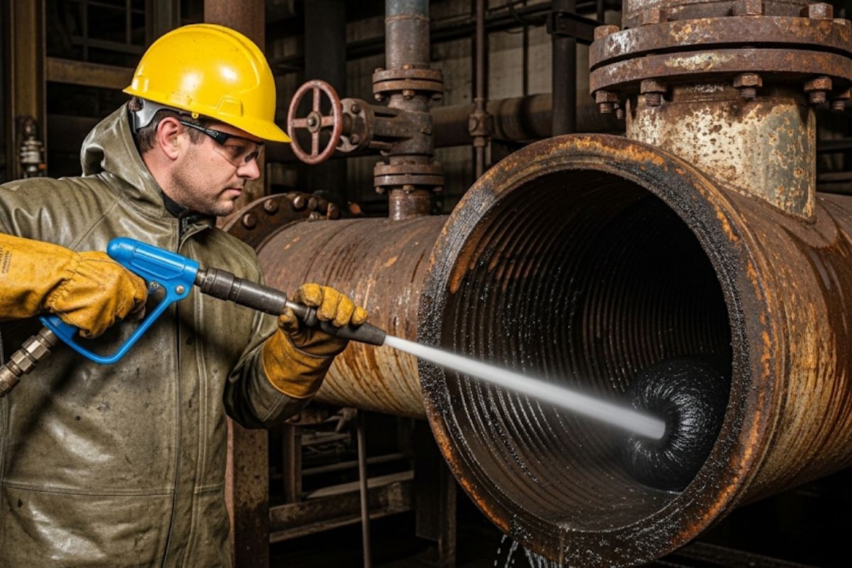 Profissional aplicando hidrojateamento em tubulação industrial