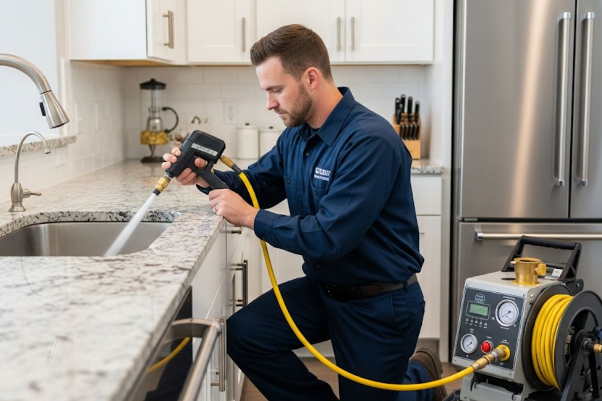 Profissional usando equipamento para desentupir ralo