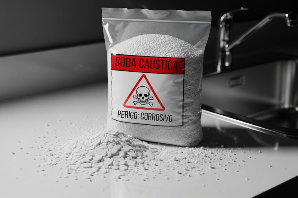saco de soda caustica sobre uma pia de cozinha