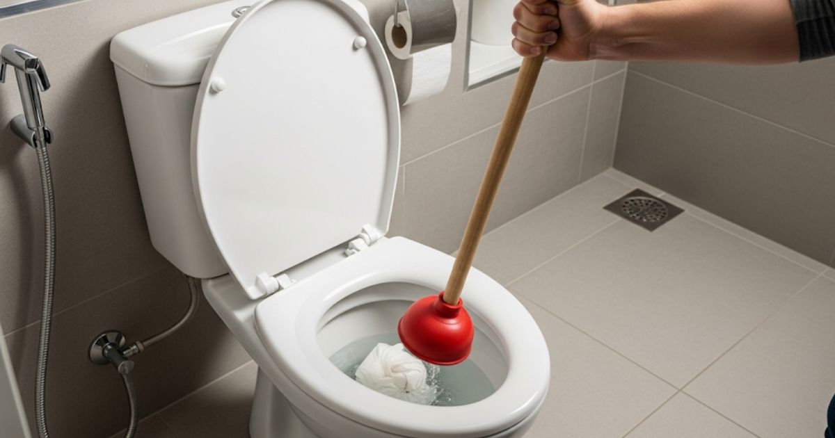 pessoa tentando desentupir vaso sanitário entupido com papel