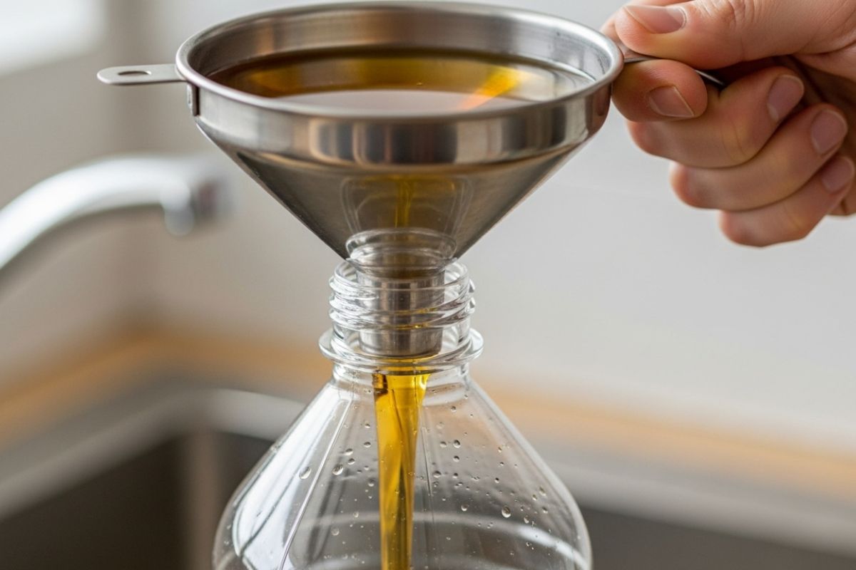 Mão despejando óleo de cozinha usado em uma garrafa PET com a ajuda de um funil, para descarte correto.