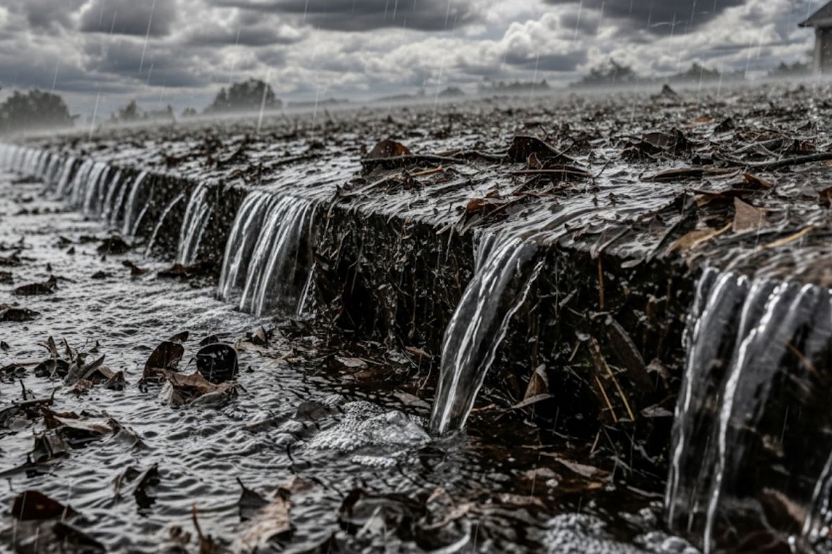 Calha entupida com folhas e água transbordando durante uma chuva, mostrando a importância da drenagem pluvial.