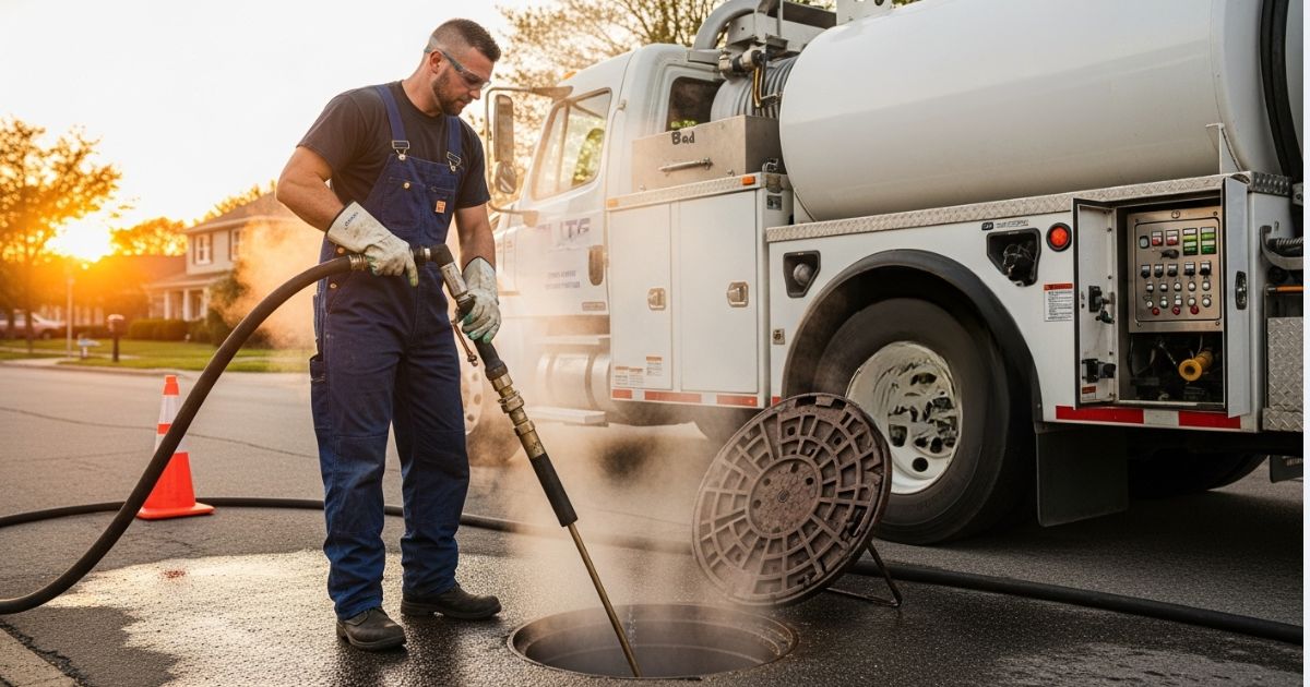 caminhão de hidrojateamento e profissional fazendo serviço