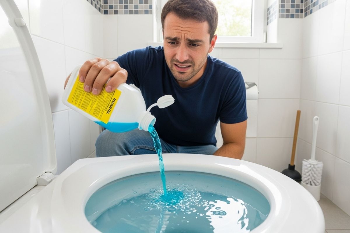homem usando produto quimico tentando desentupir vaso sanitario
