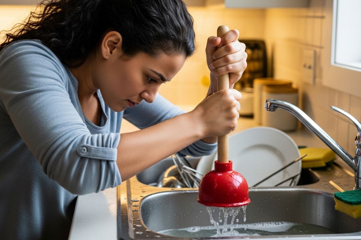mulher tentando desentupir pia com desentupidor manual