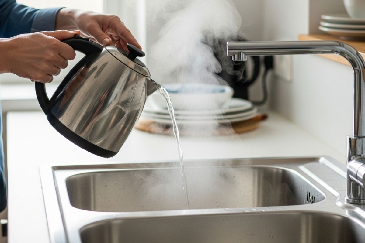 pessoa despejando agua quente na pia para tentar desentupir o cano