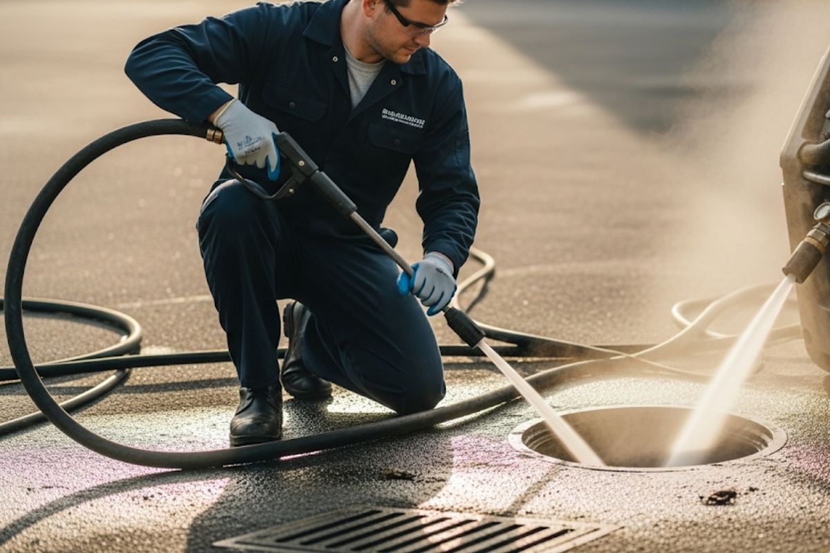 Profissional usando equipamento de hidrojateamento para desentupir uma tubulação de drenagem pluvial.