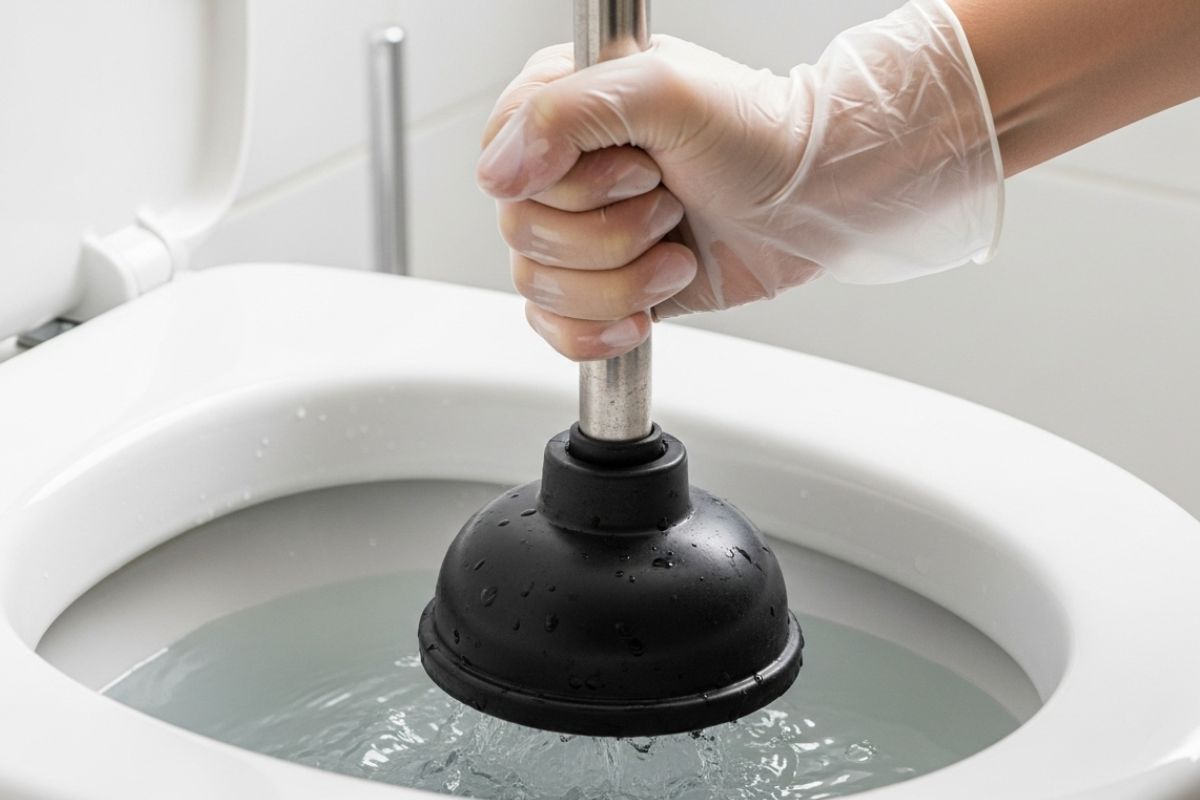 Mão de uma pessoa usando um desentupidor de borracha no vaso sanitário entupido