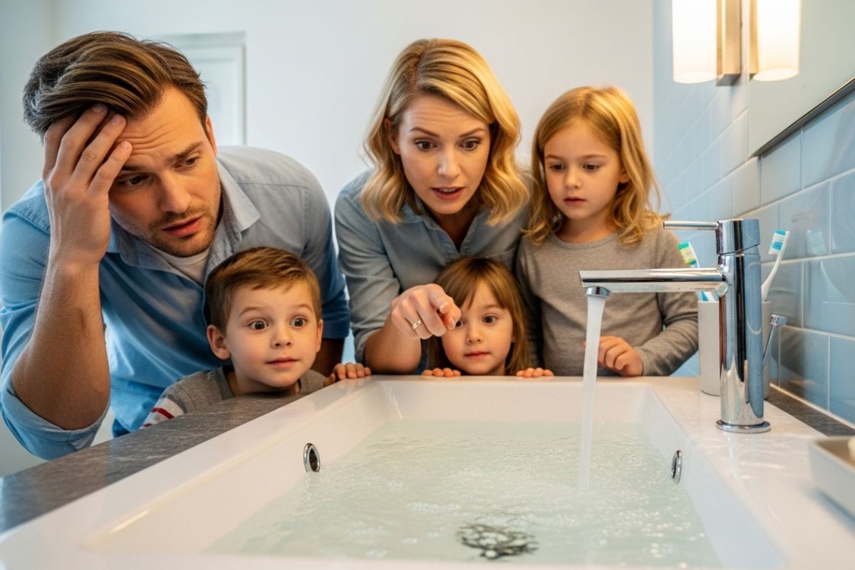 Família observando água suja voltando pelo ralo, com expressão de preocupação.