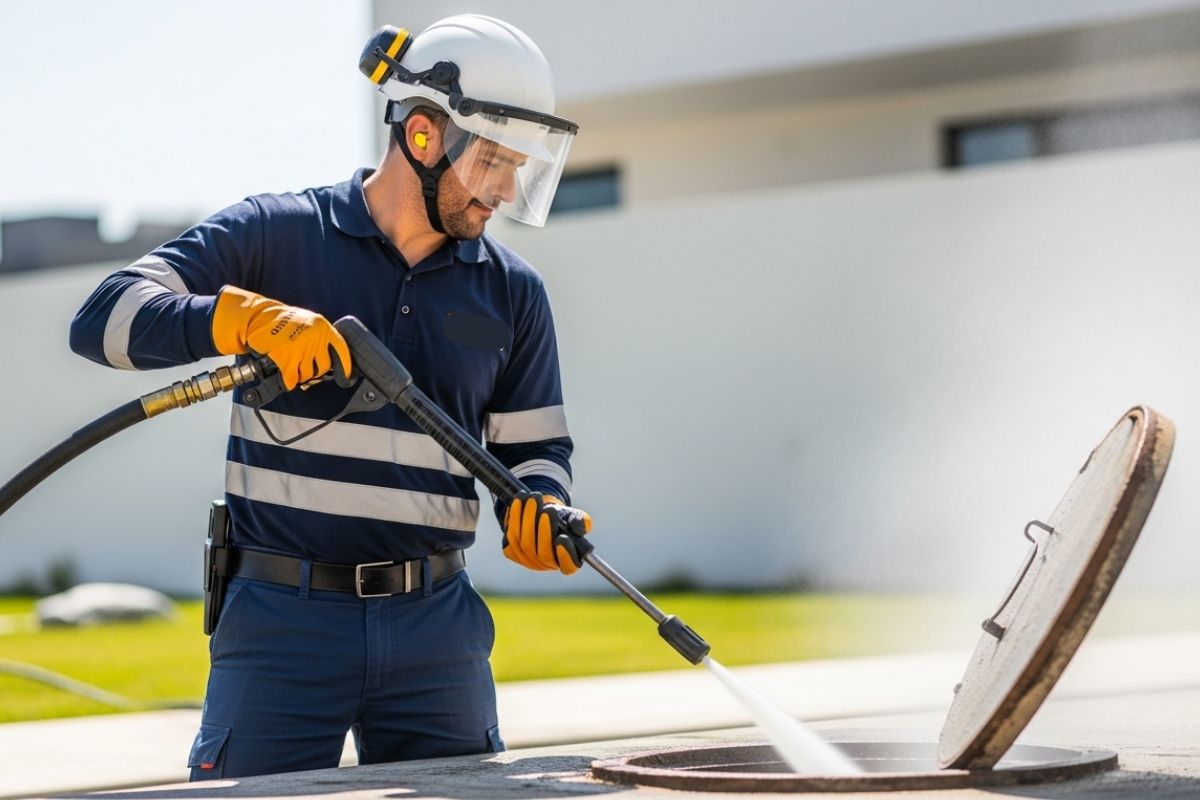 Técnico profissional de desentupidora operando equipamento de hidrojateamento em um ponto de acesso de esgoto residencial.