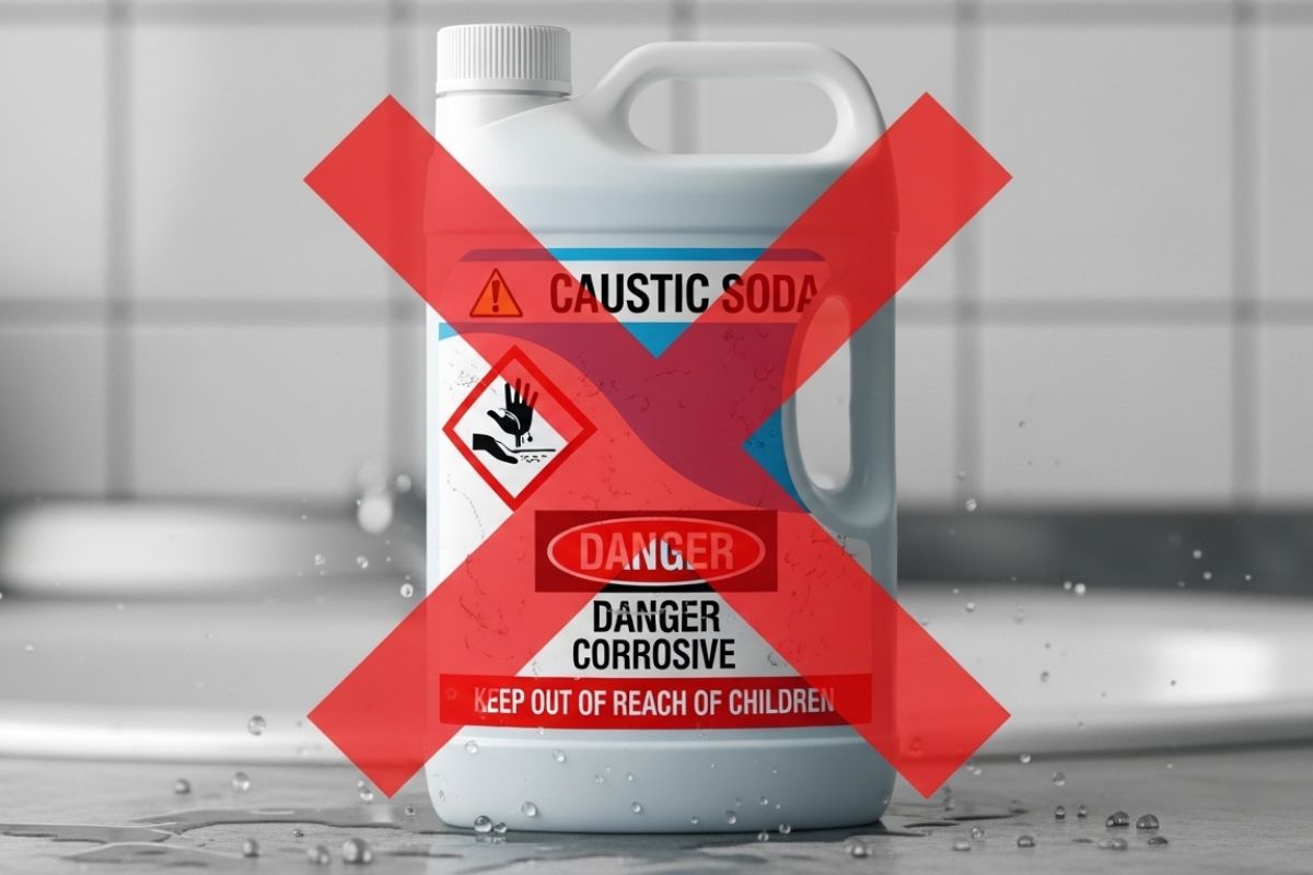 Embalagem de soda cáustica com um grande sinal de "X" vermelho sobre ela.