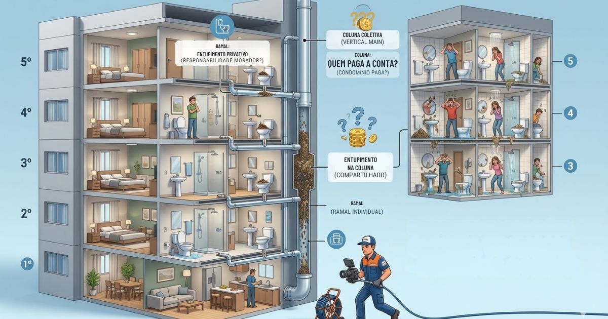 Infográfico detalhado de um prédio de apartamentos em corte, ilustrando a diferença técnica entre um entupimento no ramal individual (responsabilidade do morador) e um grande bloqueio na coluna coletiva (responsabilidade do condomínio). Mostra moradores em pânico com refluxo de água nos andares superiores e um técnico de desentupidora chegando no térreo.