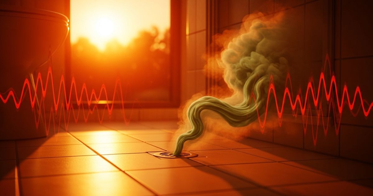 Ilustração conceitual de um banheiro em um dia extremamente quente (42°C), com um ralo de chão emitindo nuvens de gás verde-amarelado que simbolizam o mau cheiro do esgoto. Ondas de calor são visíveis no chão e a água está evaporando, ilustrando por que o odor aumenta no verão.