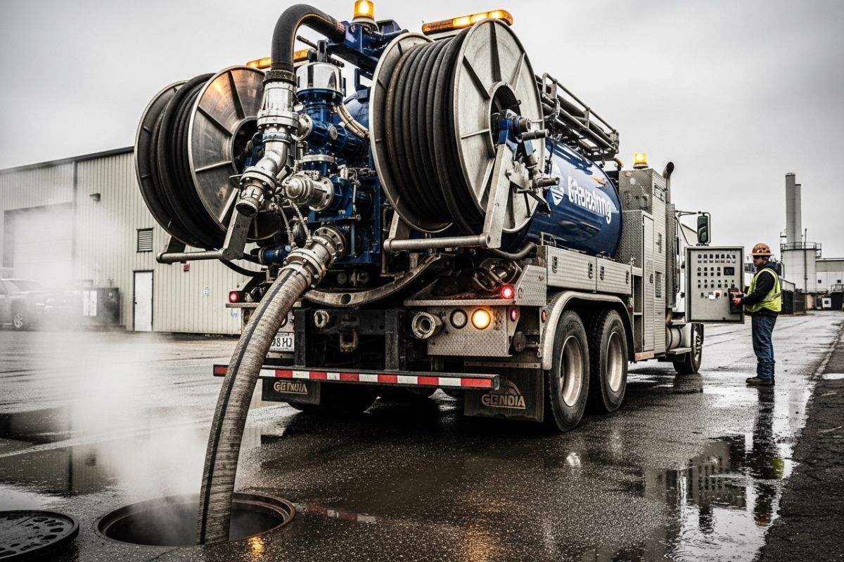 Caminhão de hidrojateamento industrial de alta potência equipado com bomba de alta pressão para desentupimento de redes coletoras de esgoto em larga escala.