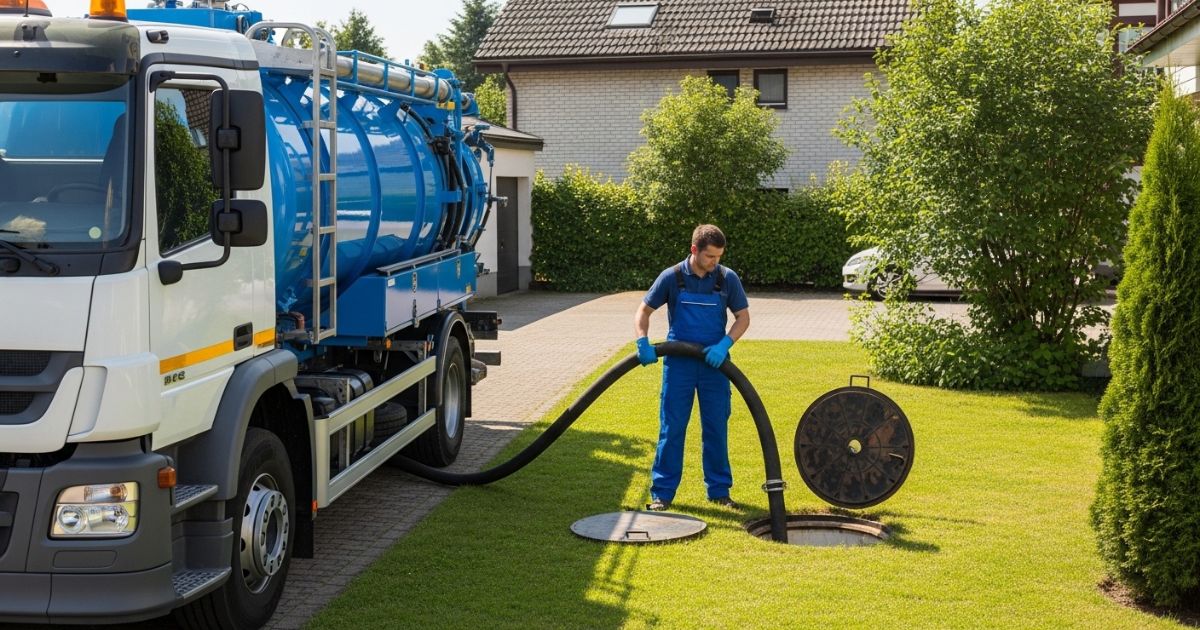 Técnico especializado realizando a limpeza de uma fossa séptica residencial, ilustrando a periodicidade correta de manutenção para evitar transbordamentos