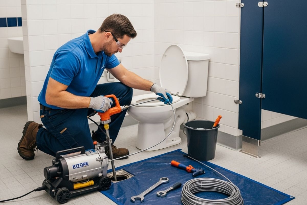 Técnico realizando desentupimento em escolas para garantir a higiene e o funcionamento dos banheiros coletivos.