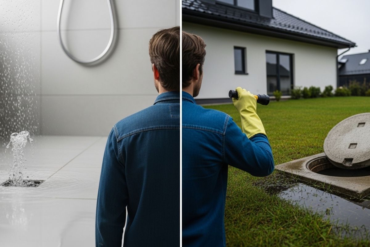 Técnico de desentupidora profissional usando equipamentos para diagnosticar se a obstrução de esgoto é um entupimento interno residencial ou um problema na rede externa da rua.