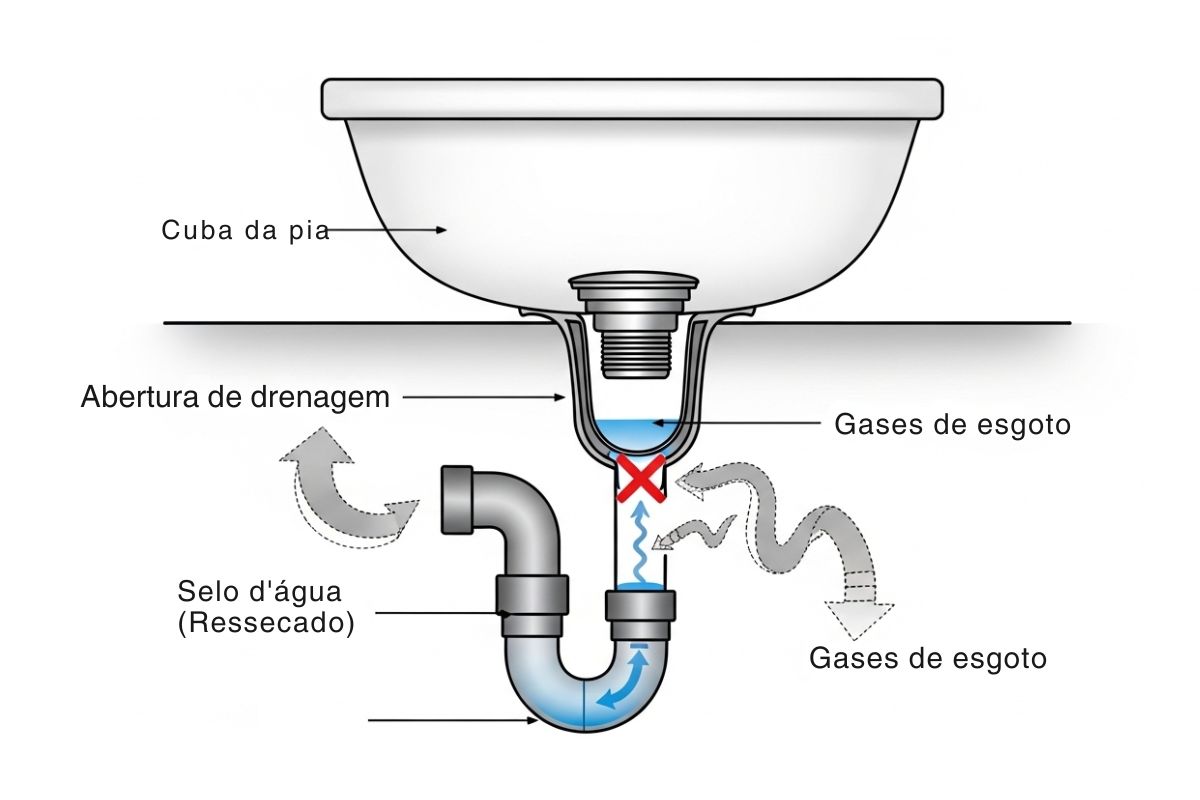 Diagrama técnico mostrando um sifão de pia seco devido à evaporação do fecho hídrico, permitindo a entrada de odores de esgoto no ambiente.