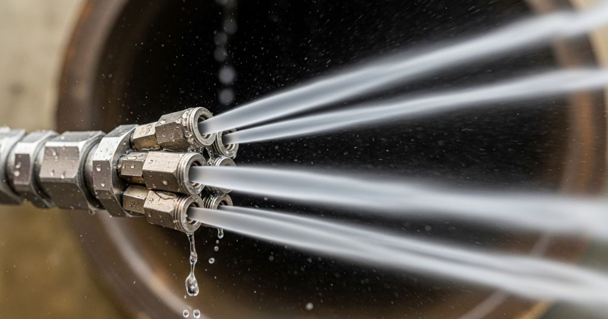 Bocal de hidrojateamento de alta pressão dentro de uma tubulação de esgoto, demonstrando a segurança do método para desentupimento residencial